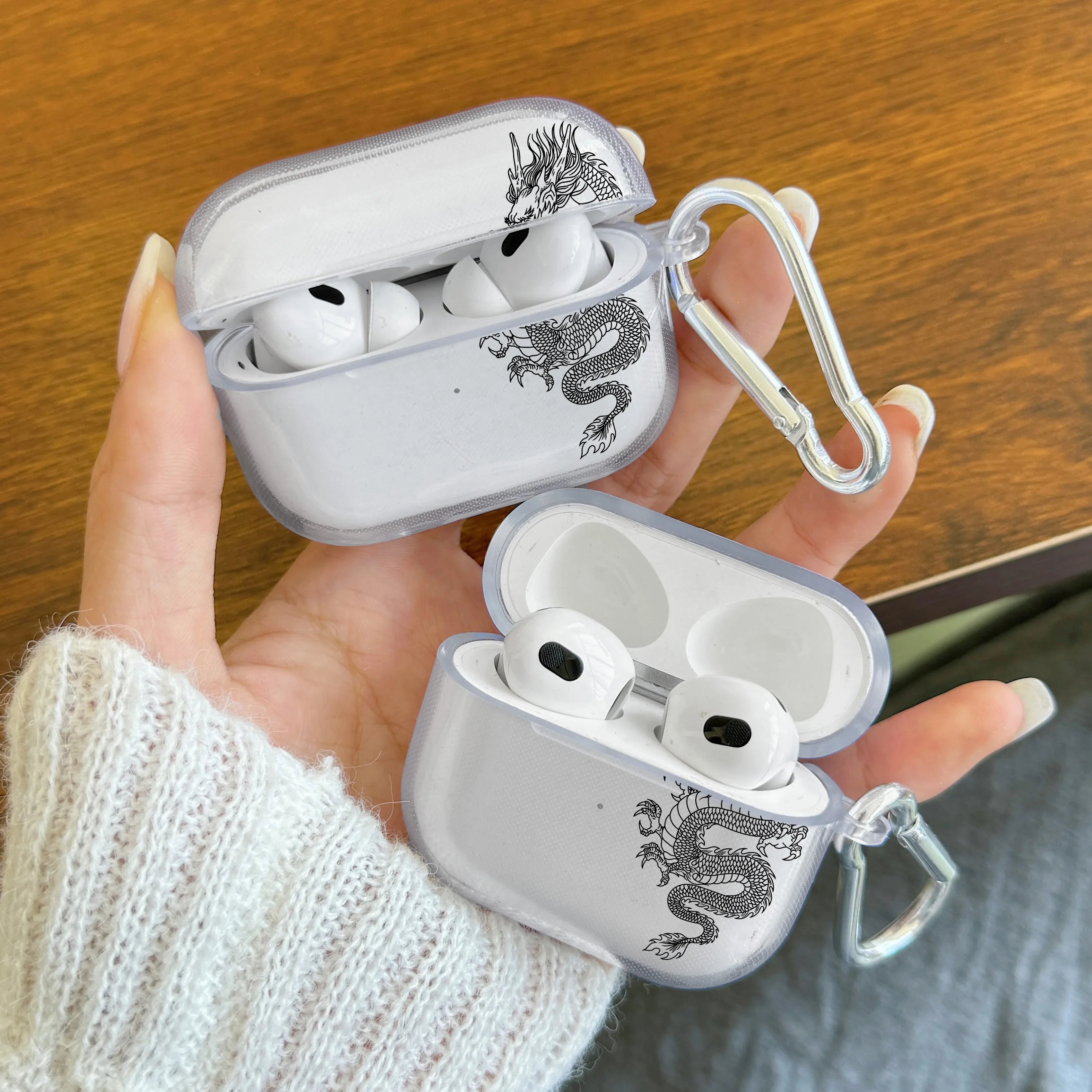 Dragon Design Earphone Case For AirPods Pro/Pro2 TPU Clear Wireless Bluetooth Cover For AirPods 3/4 Protector With Keychain Case