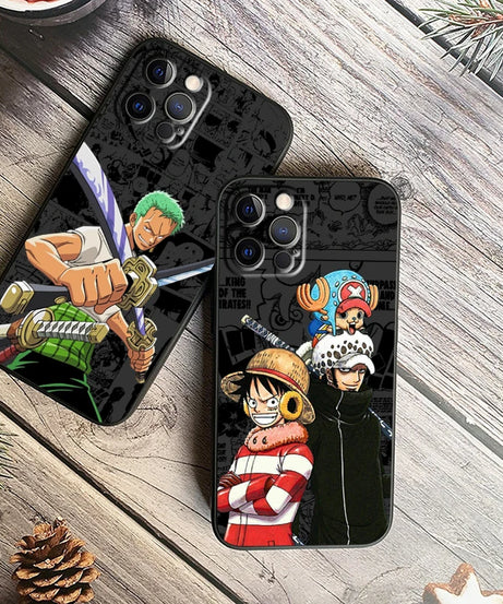 One Piece Luffy & Crew Black Soft Case – Anime iPhone 7–15 Pro Max