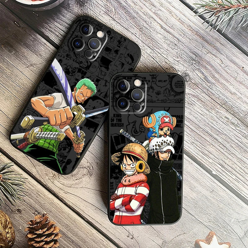 One Piece Luffy & Crew Black Soft Case – Anime iPhone 7–15 Pro Max
