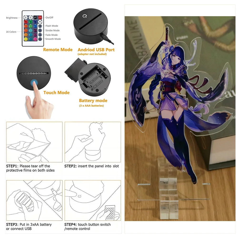Genshin Impact 3D Lamp LED Night Light Anime Figures Zhongli Raiden Shogun Remote RGB Dream Colors Kids Bedroom Home Decor