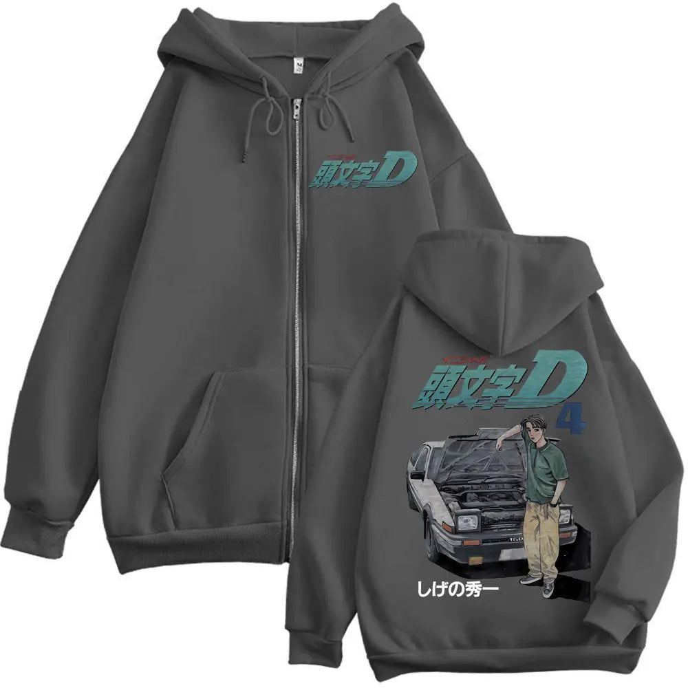 Anime Initial D Takumi Fujiwara Graphic Zipper Hoodies Harajuku Manga Zip Up Sweatshirts Men's Women's Fashion Vintage Pullovers