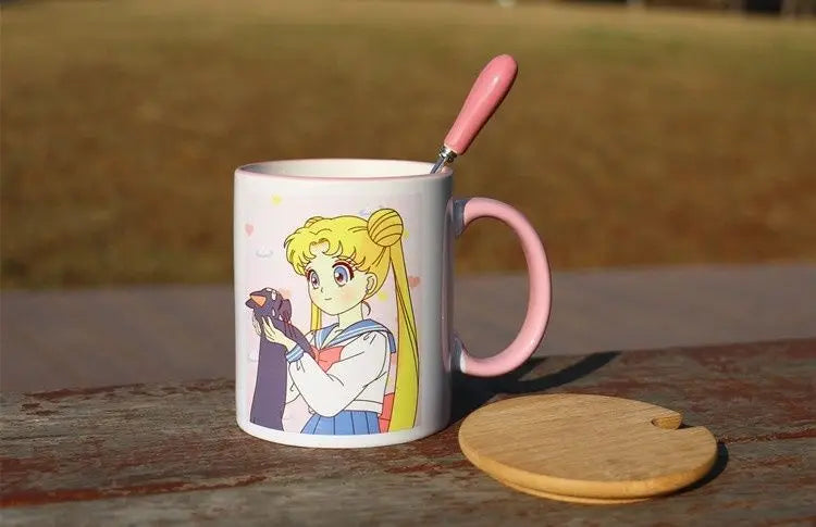 Sailor Moon Usagi Ceramic Mug with Lid & Heart Spoon – Cute Anime Gift Cup