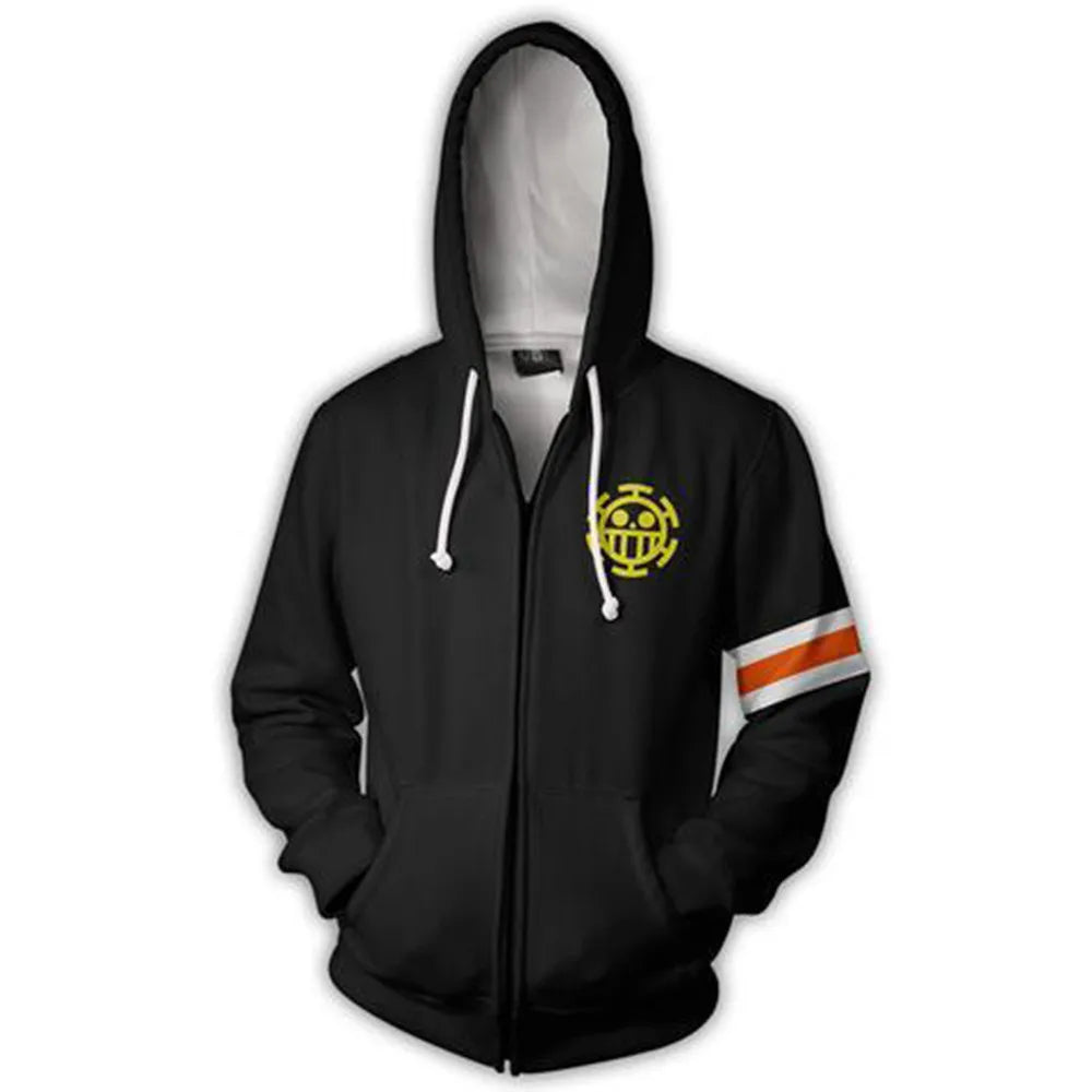 Anime One Piece Luffy Trafalgar D. Water Law Hoodie Cosplay Costume Long Sleeve Sweatshirt Sweater Zip Up Coat Jackets