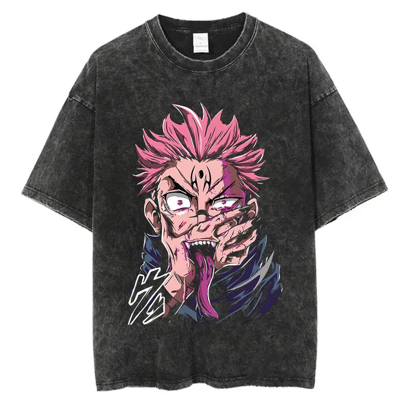 Summer Washed T Shirt Anime Graphic Print Streetwear Vintage Oversized T-Shirt Men Fashion Cotton Top Tee Black Tshirt