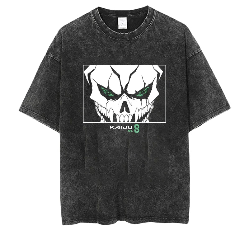 Kaiju No.8 Wash Vintage Vintage T-shirt for Men and Women Kaiju No.8 Print Summer Fashion Casual Short Sleeve