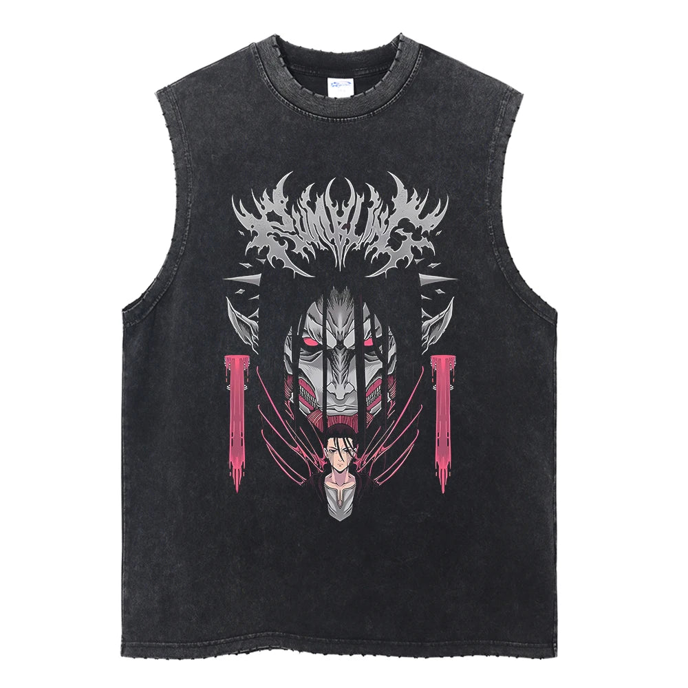 Men's Gym Tank Tops Attack on Titan Summer Y2k Washed Vintage Print Vest Women's Casual Sleeveless Shirts Anime-related Clothing