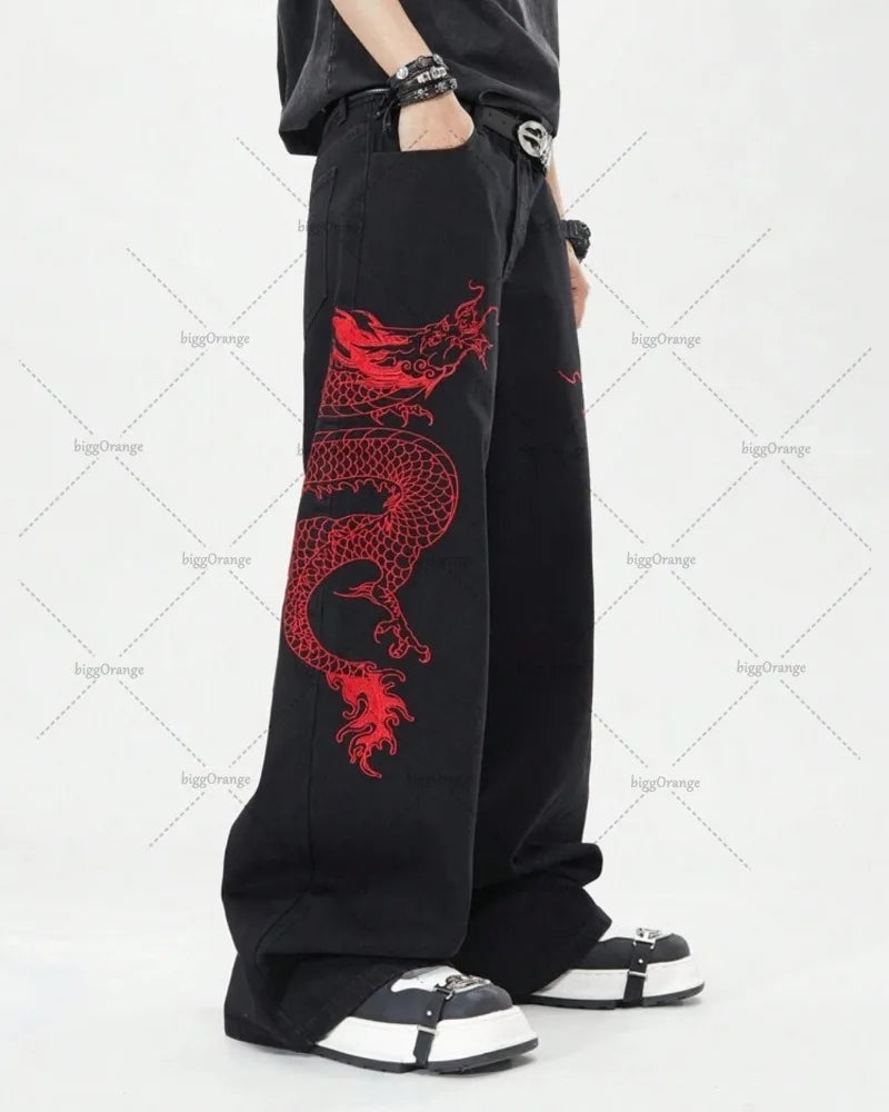 New Retro Oriental Dragon Design Fashionable Loose Jeans Men Street Hip-hop Casual Straight Wide-leg Pants Women