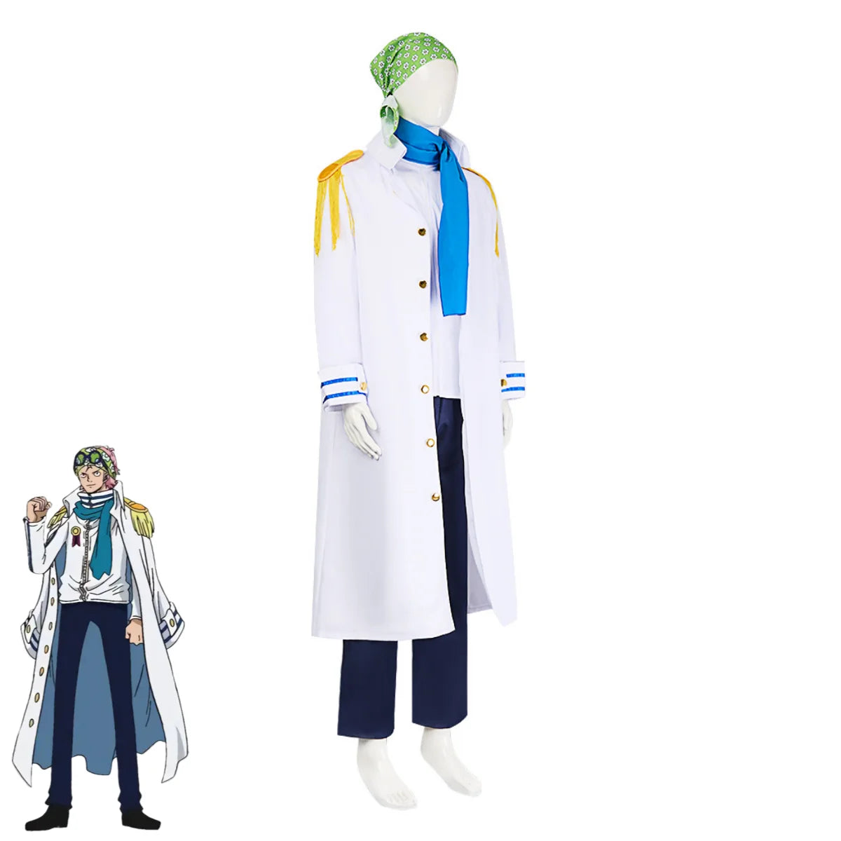 Anime Coby Cosplay Costume Marine Sword Member Military Uniform White Long Cloak Coat Scarf Adult Man Halloween Carnival Suit