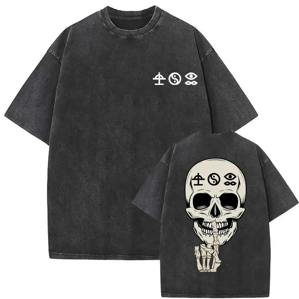 One Piece Skull Short Sleeve Tee Anime Washed Vintage Graphic T-Shirt Man Women Casual Tops Summer Y2k Streetwear