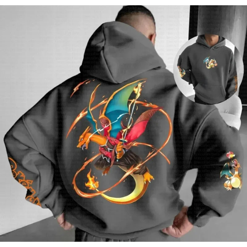 Pokemon Autumn and Winter Handheld Print Hoodie Men's Hand-painted Fashion Trend Loose Casual Jumper