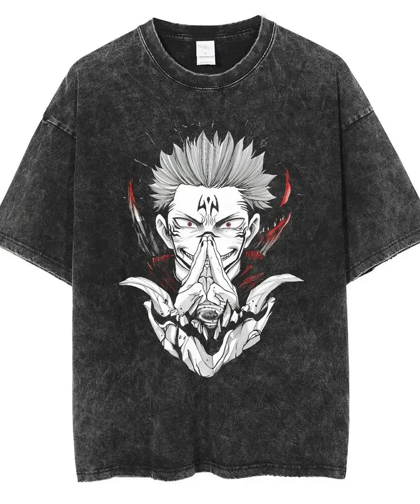 Vintage Anime Printed Washed T-shirt Men Women Cotton T Shirt Hip Hop Streetwear Summer Crew Neck Retro Short Sleeve Tees Tops