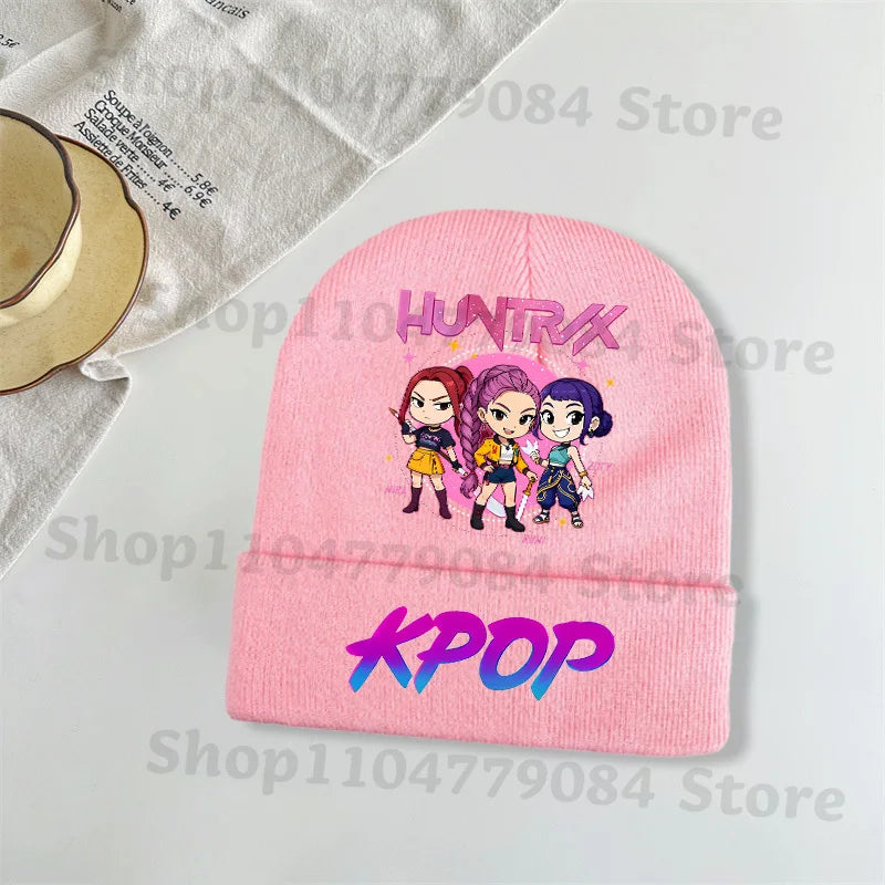 Kpop Demon Hunters Kawaii Knitted Hat for Girls Anime Cute Knit Hats Children Autumn Winter Windproof Warm Hats Gifts
