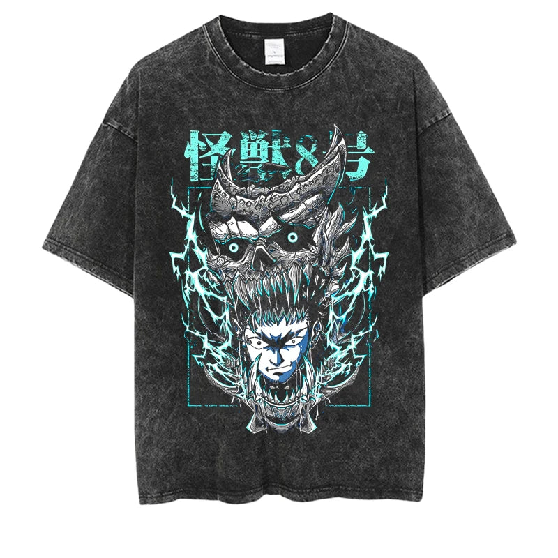 Kaiju No.8 Wash Vintage Vintage T-shirt for Men and Women Kaiju No.8 Print Summer Fashion Casual Short Sleeve