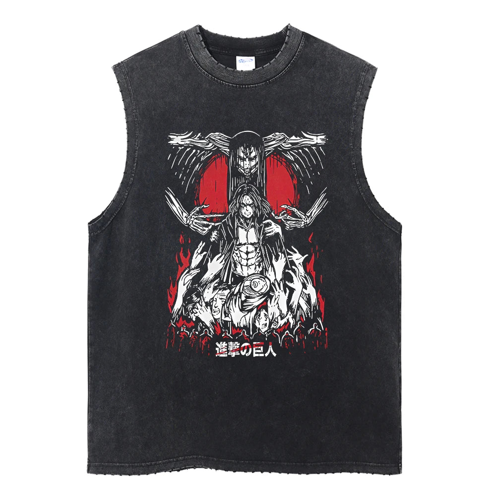 Men's Gym Tank Tops Attack on Titan Summer Y2k Washed Vintage Print Vest Women's Casual Sleeveless Shirts Anime-related Clothing