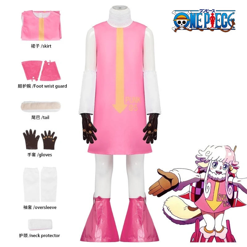 One Piece Anime Dr. Vegapunk Number 05 Clone Cosplay Costume Pink Dress with Foot Cover Cute Kawaii Halloween Outfit