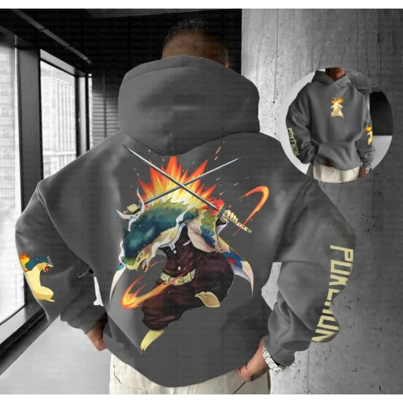 Pokemon Autumn and Winter Handheld Print Hoodie Men's Hand-painted Fashion Trend Loose Casual Jumper
