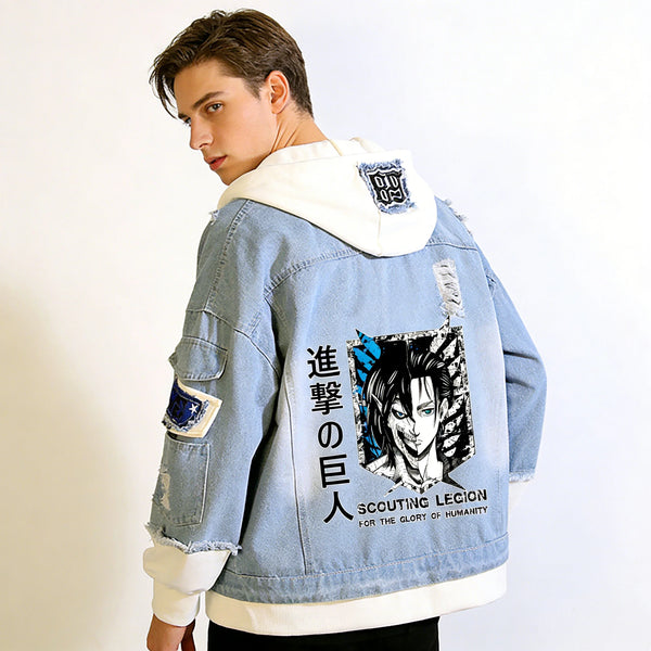 Attack on Titan Scout Legion Denim Jacket Unisex Harajuku Hooded Streetwear