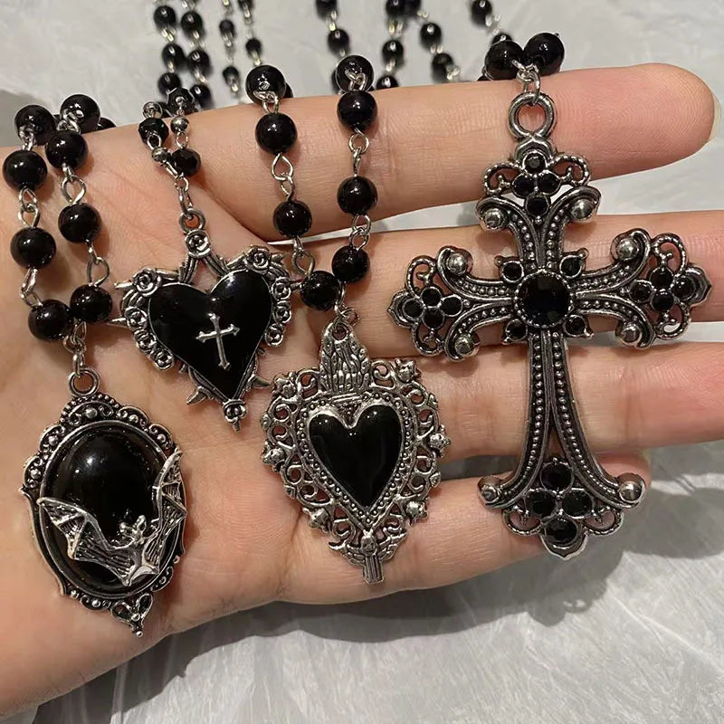 Gothic Bat Cross Dark Pendant Necklace Set Thorn Love Black Bead Stacked Necklace Halloween Gifts