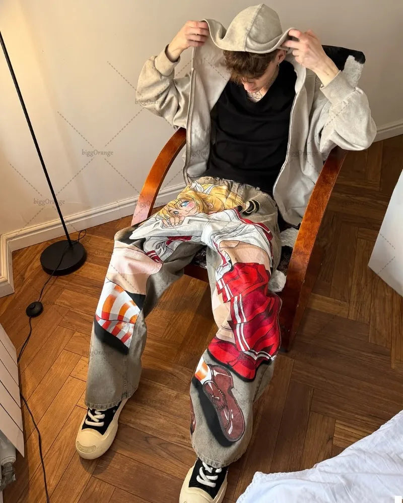 Harajuku Hip-hop Streetwear Trousers Women Y2K Retro Animation Print Baggy Jeans Men Goth High Street Loose Wide-leg Pants