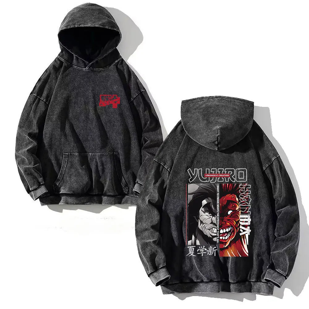Anime Baki Hanma Print Cotton Washed Hoodies Men Hip Hop Graphic Vintage Hooded Sweatshirts Aesthetic Streetwear Pullover