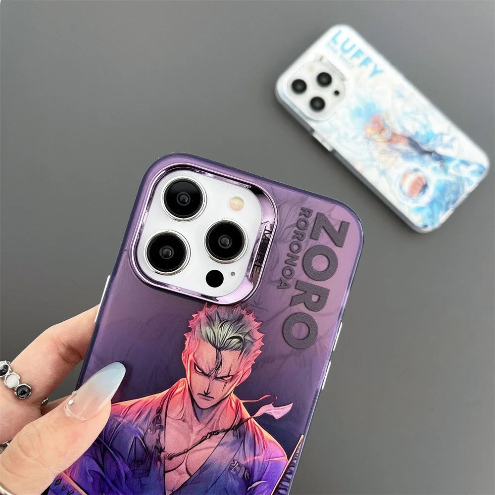 One Piece Case For iPhone 16 15 14 13 17 Pro Max Luffy Zoro electroplated Camera Protect Cover