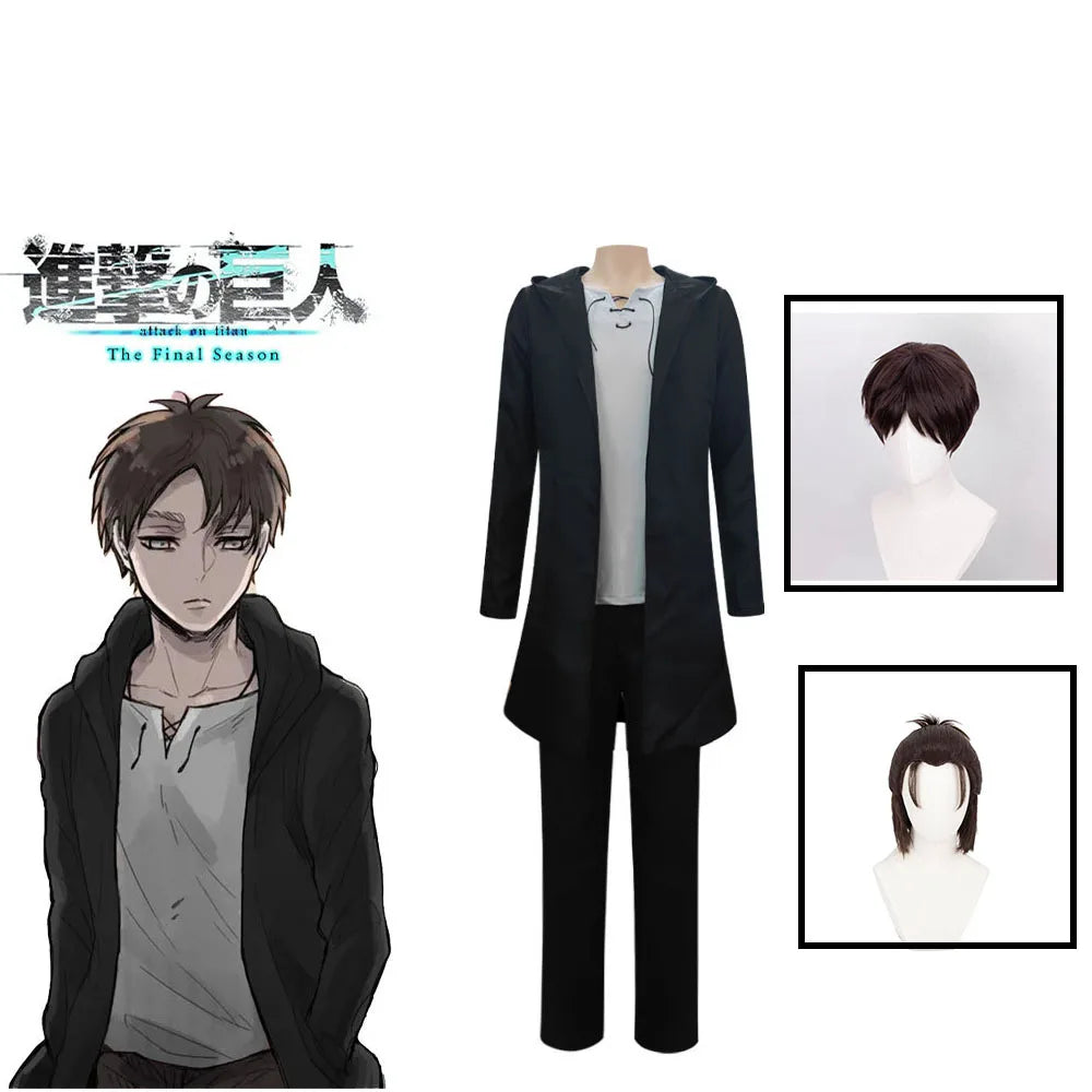 Eren Jaeger Cosplay Costume Anime Titan Costume Wig Cosplay Eren Yeager Black Hooded Trench T-shirt Pants Halloween Clothes