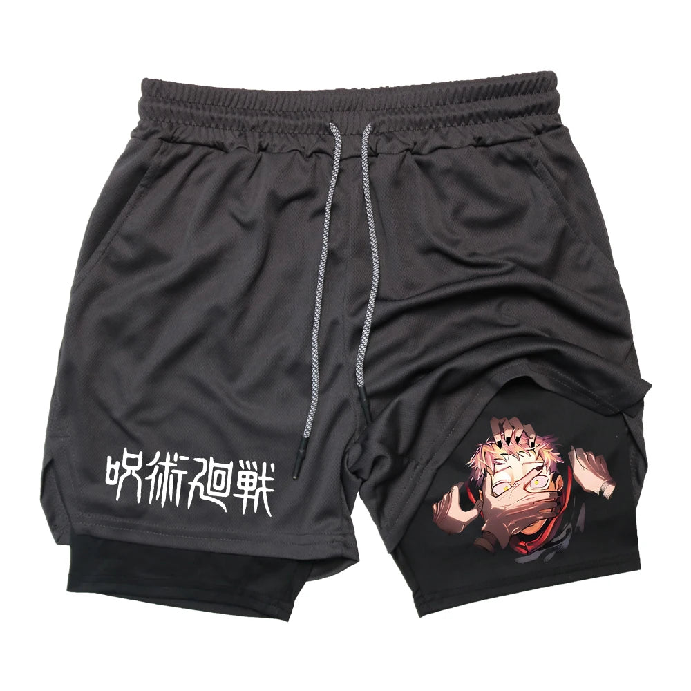 Anime Gym Shorts 2 In 1 Double Layer Men Workout Sports Jogging Sportwear Training Sport Shorts Male Summer Performance Shorts