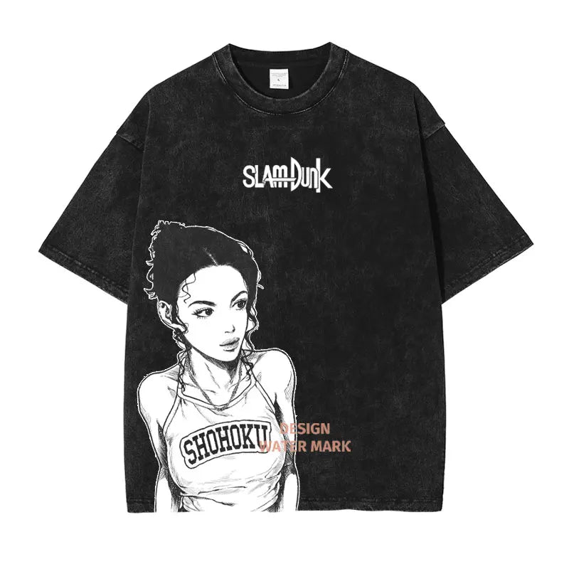 Hanamichi Rukawa Haruko T Shirt Slam Anime Dunk Sendou Vintage Washed Tops Tees Short Sleeve Manga Graphic T-shirt Man Cotton