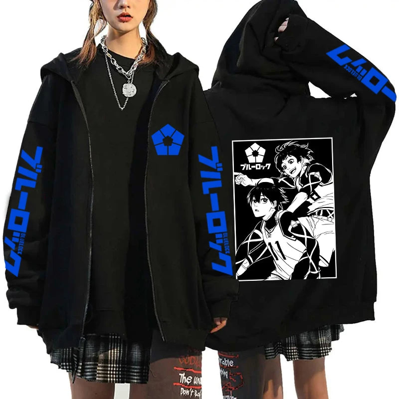 Hot Anime BLUE LOCK Printing Hoodie Fashion Harajuku Zipper Hoodies Women Men Sweatshirt Zipper Long Sleeve Casual Tops