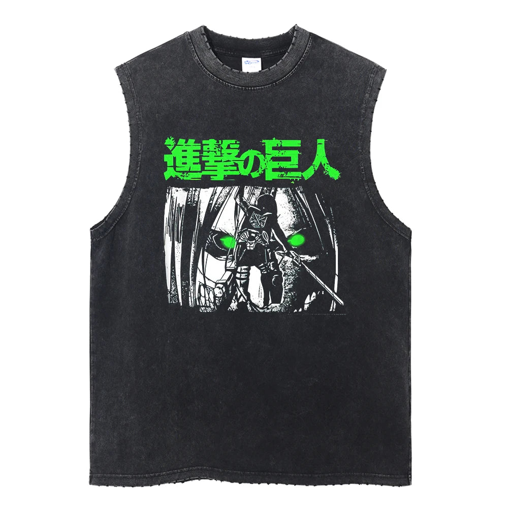 Men's Gym Tank Tops Attack on Titan Summer Y2k Washed Vintage Print Vest Women's Casual Sleeveless Shirts Anime-related Clothing