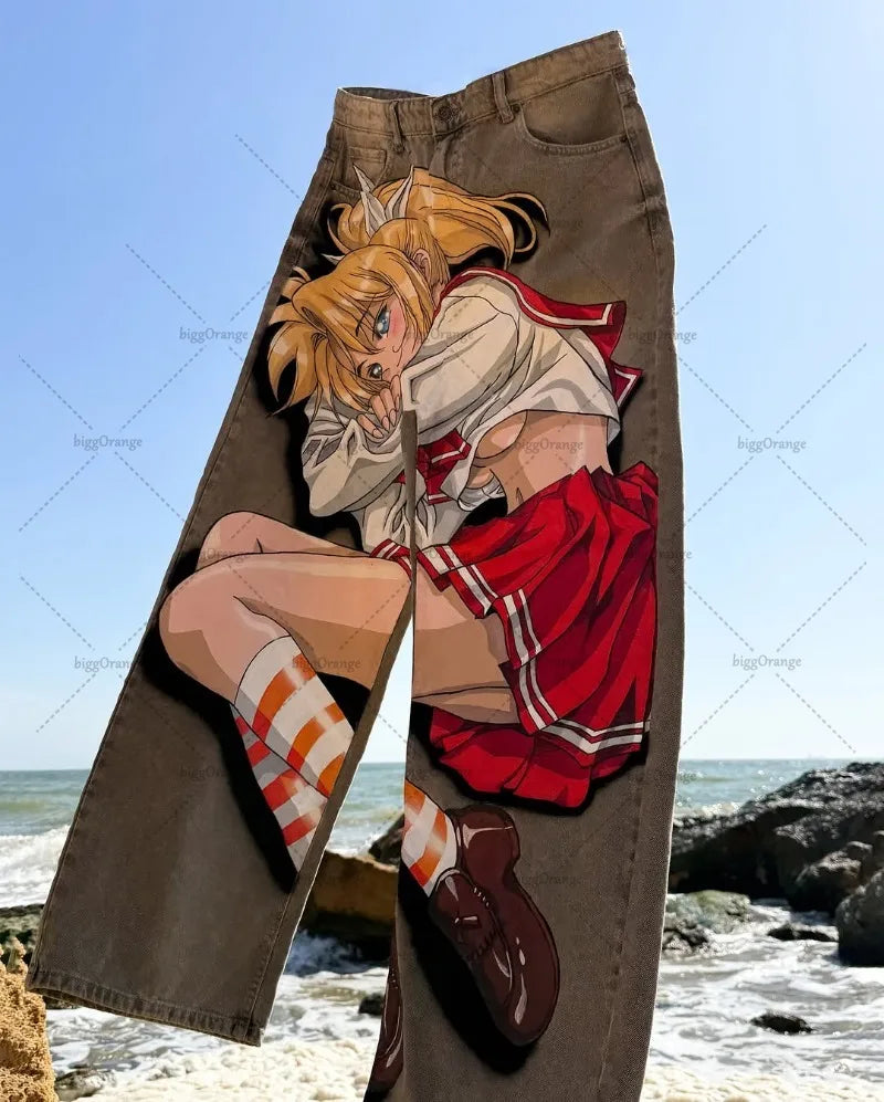 Harajuku Hip-hop Streetwear Trousers Women Y2K Retro Animation Print Baggy Jeans Men Goth High Street Loose Wide-leg Pants