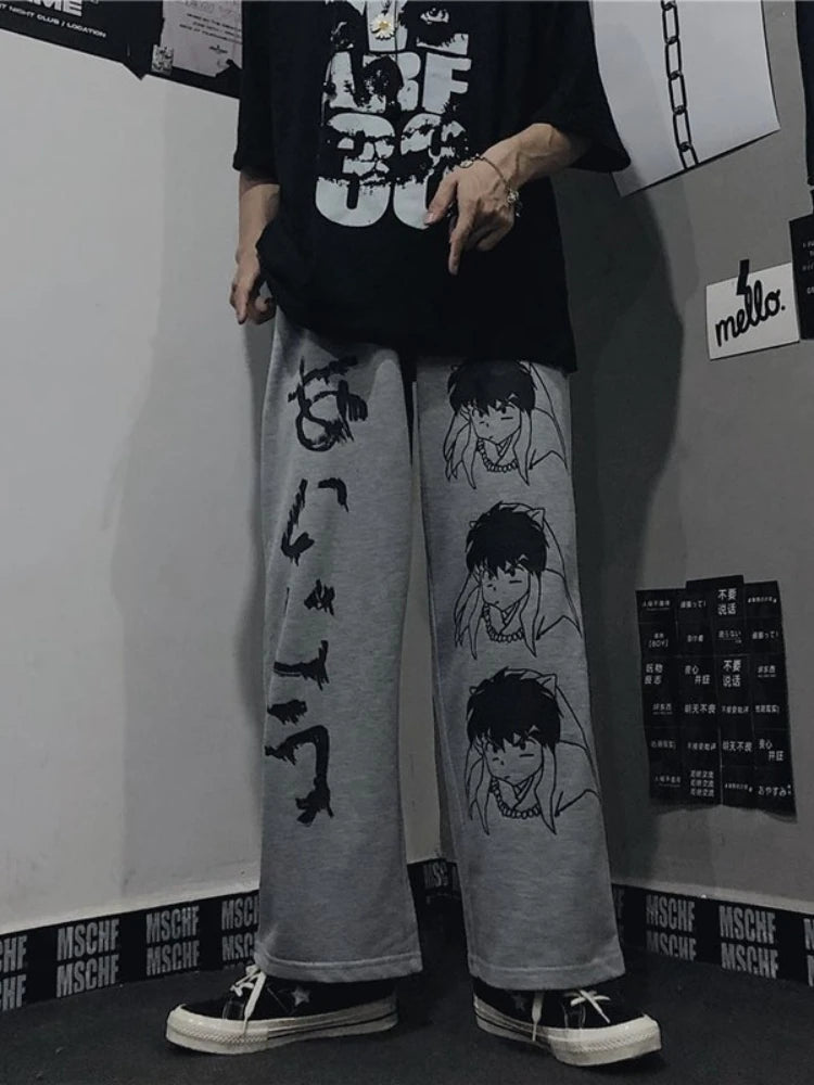 Harajuku Anime Print Wide Leg Pants Women Hippie Streetwear Black Sweatpants Korean Style Oversized Trousers
