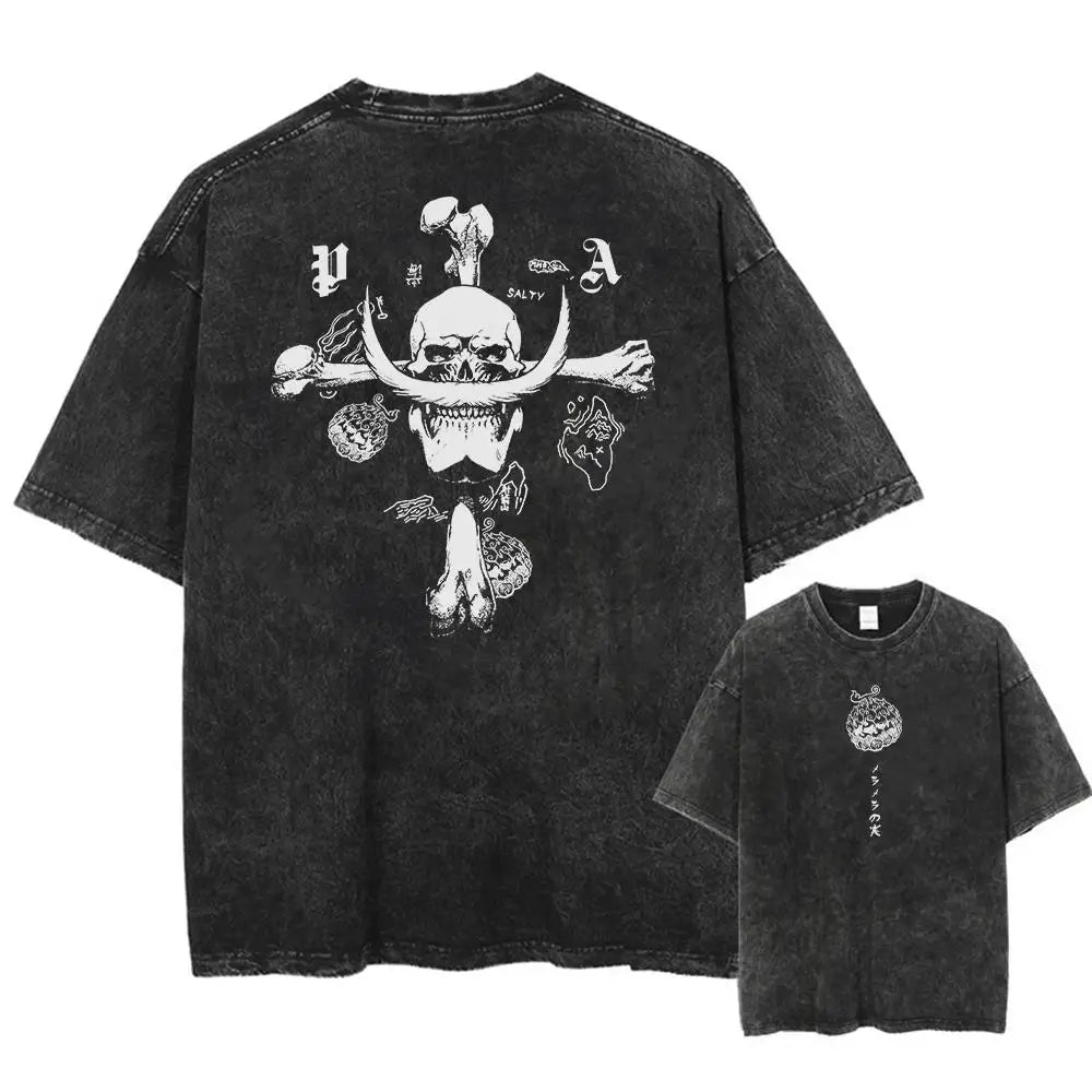 One Piece Skull Short Sleeve Tee Anime Washed Vintage Graphic T-Shirt Man Women Casual Tops Summer Y2k Streetwear