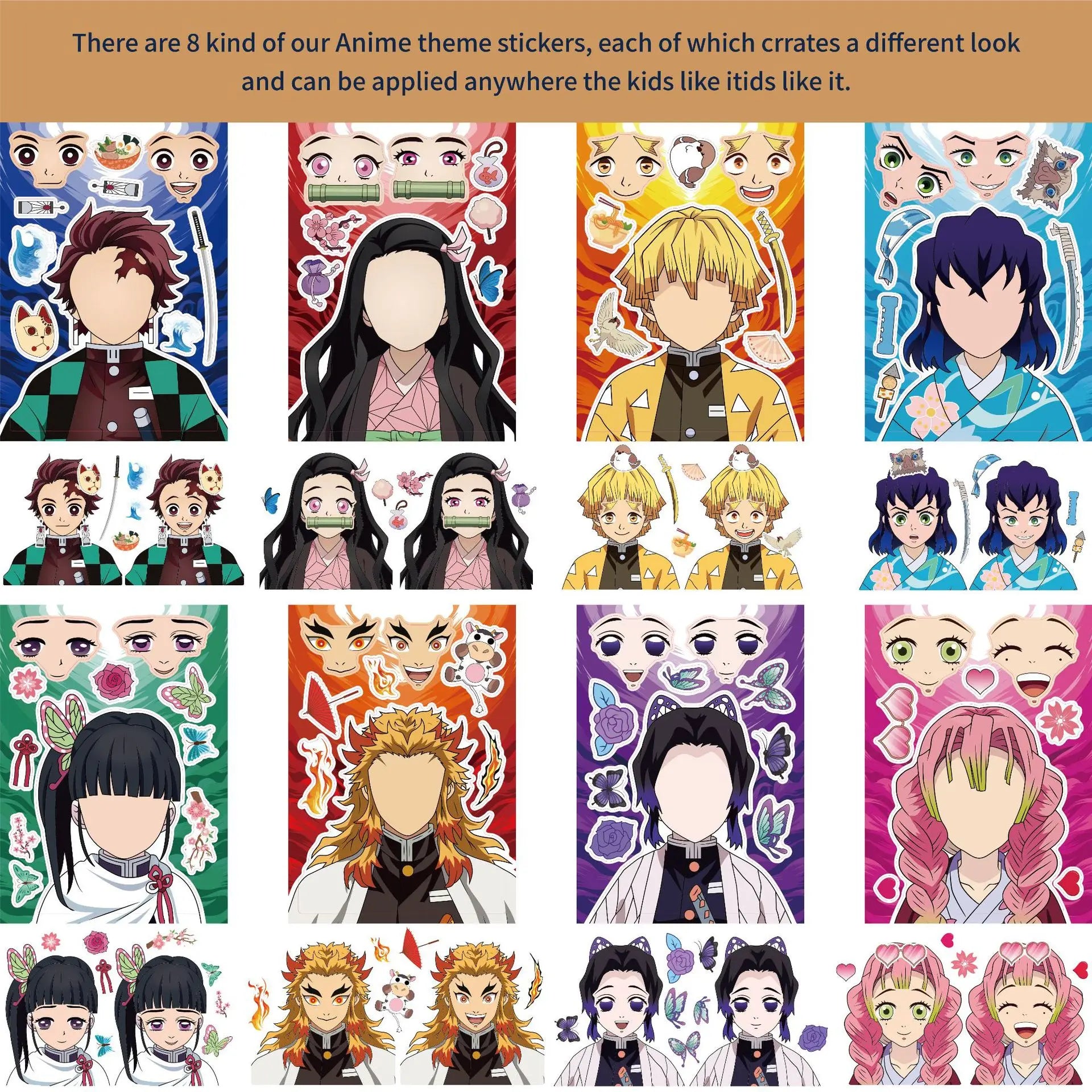 8/16Sheets Demon Slayer Anime Puzzle Sticker DIY Phone Laptop Luggage Skateboard Graffiti Decals Fun for Gift