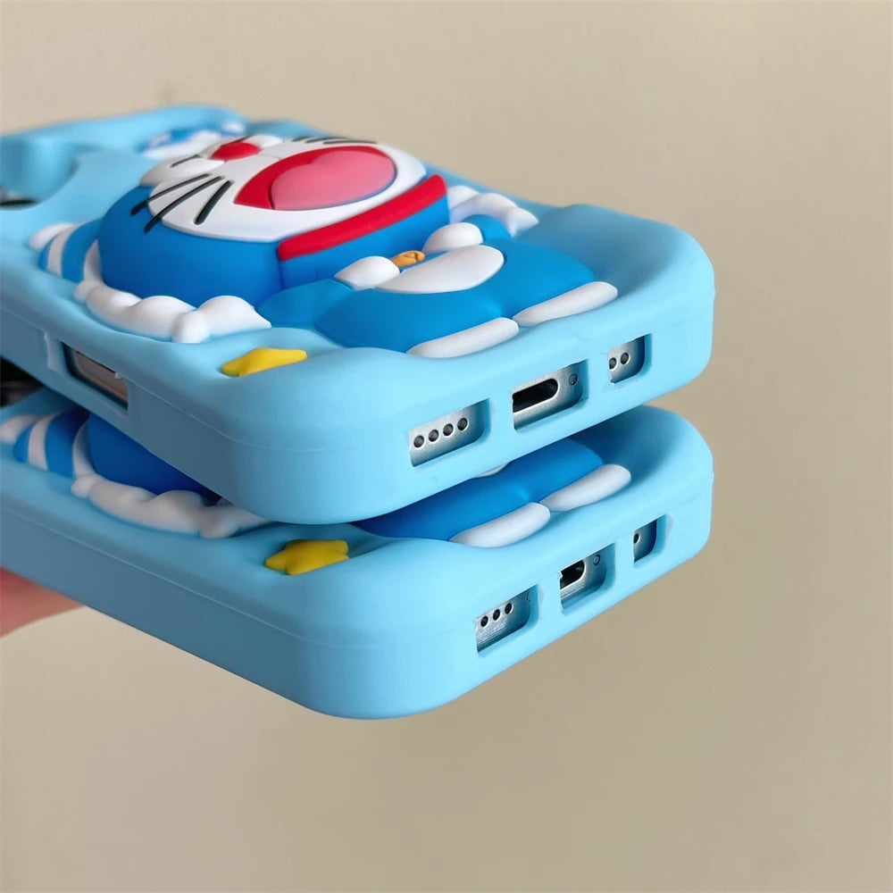 Cute Sleeping Doraemon Silicone Phone Case with Stand – iPhone 12–16 Pro Max