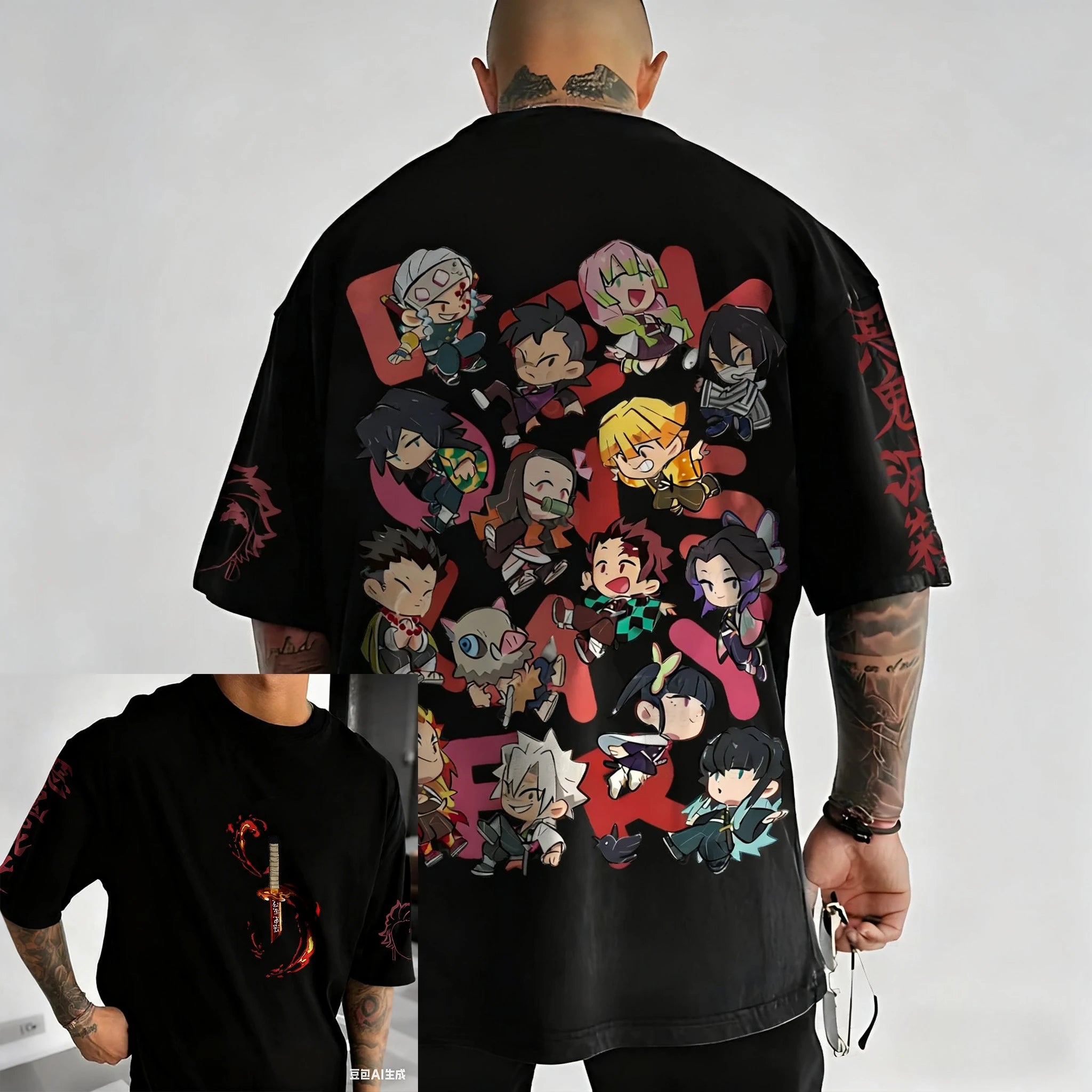 Demon Slayer Corps 9 Hashira Anime Printed T-shirt Men's Summer New Harajuku Large Size Trendy Casual Loose Parent Child Top