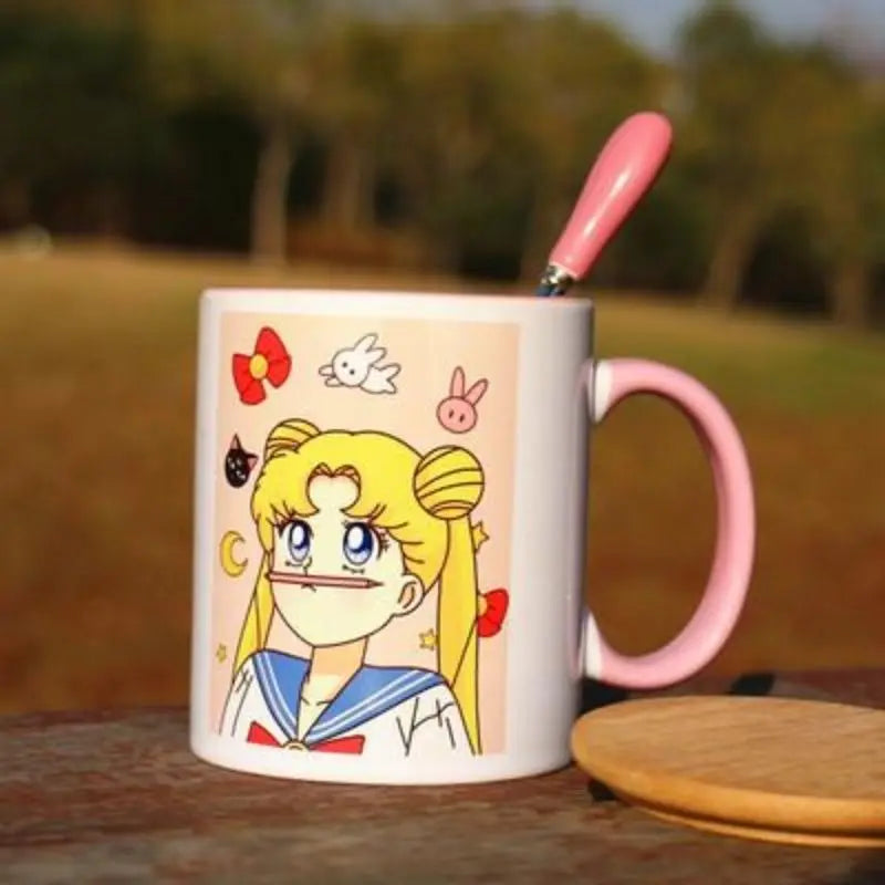 Sailor Moon Usagi Ceramic Mug with Lid & Heart Spoon – Cute Anime Gift Cup