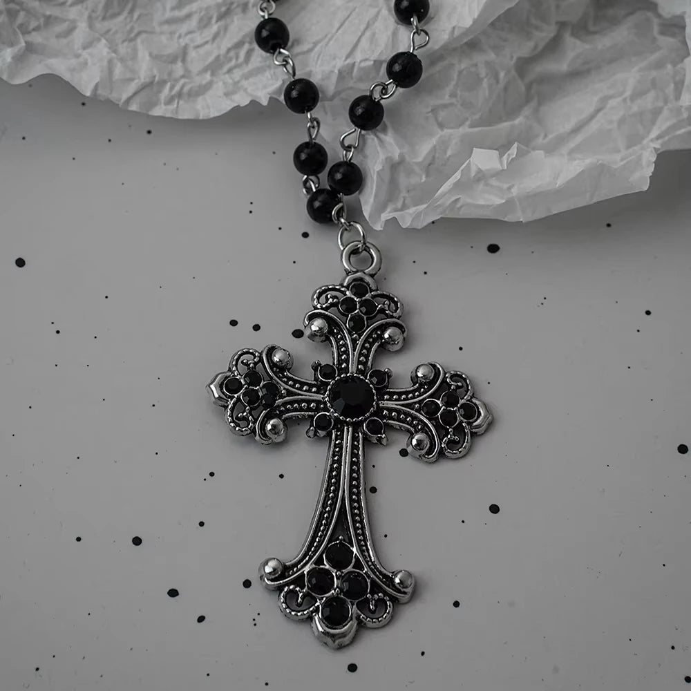 Gothic Bat Cross Dark Pendant Necklace Set Thorn Love Black Bead Stacked Necklace Halloween Gifts