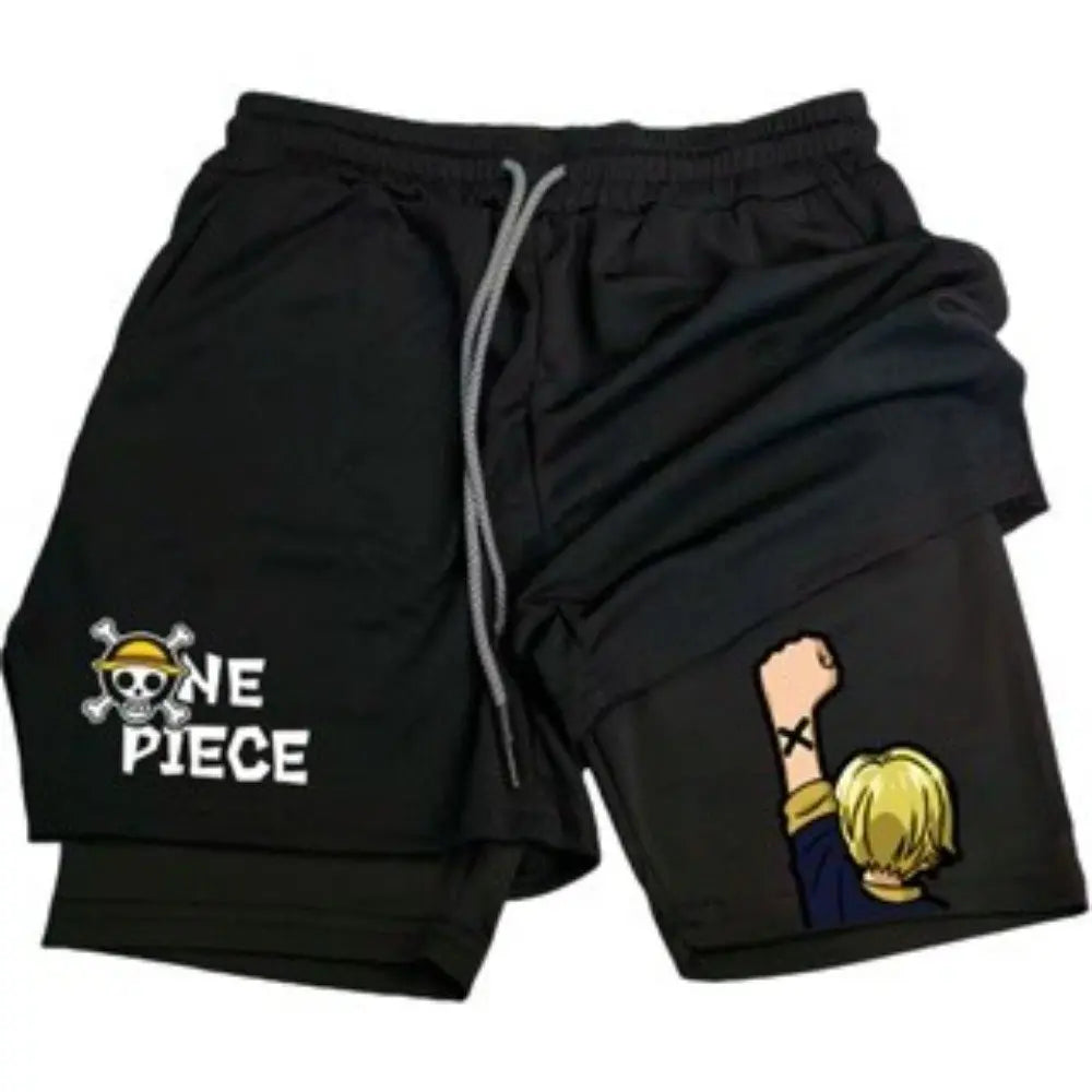 Anime Men's Gym Shorts One Piece Summer Sports Pants Streetwear Breathable Mesh Double-layer 2 in 1 Shorts Sportswear Y2k