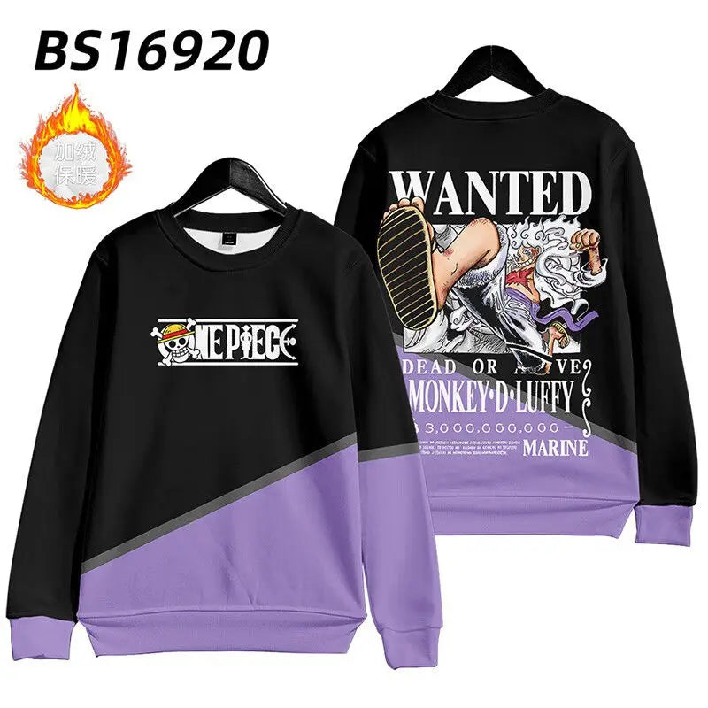 One piece Monkey D. Luffy Cartoon Round Neck Sweatshirt with Printed Casual Loose Autumn and Winter Long Sleeved Top