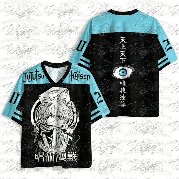 Jujutsu Kaisen Satoru Gojo V-Neck Hockey Jersey – Manga Style Breathable Short Sleeve Tee