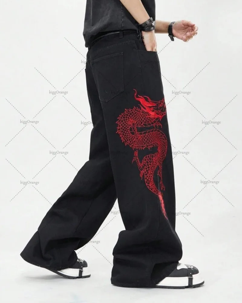 New Retro Oriental Dragon Design Fashionable Loose Jeans Men Street Hip-hop Casual Straight Wide-leg Pants Women