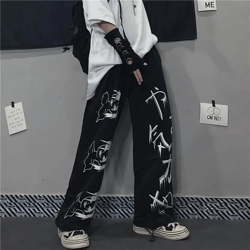Black Harajuku printed anime sweatpants male streetwear wide leg oversize pants loose casual sport straight trousers men