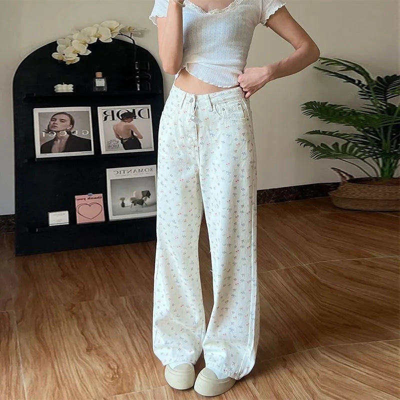 Simple Floral Sanrio Hello Kitty Embroidered Jeans Women's Summer 2025 New Large Size Loose High Waist Straight Trousers Gift