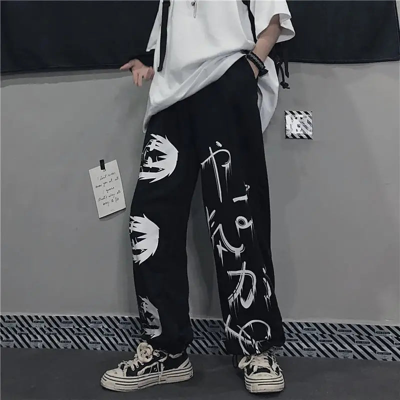 Black Harajuku printed anime sweatpants male streetwear wide leg oversize pants loose casual sport straight trousers men