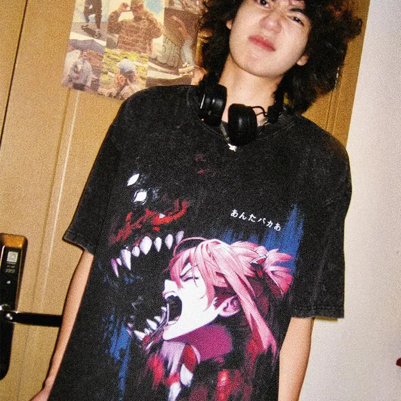 Anime Eva Graphic T-shirt Man Summer Y2k Clothes Casual Short Sleeved Tee Women Vintage Washed Cotton Gym Clothing Top