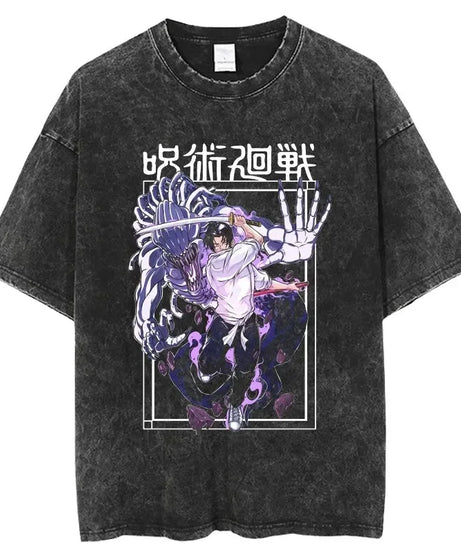 Vintage Anime Printed Washed T-shirt Men Women Cotton T Shirt Hip Hop Streetwear Summer Crew Neck Retro Short Sleeve Tees Tops