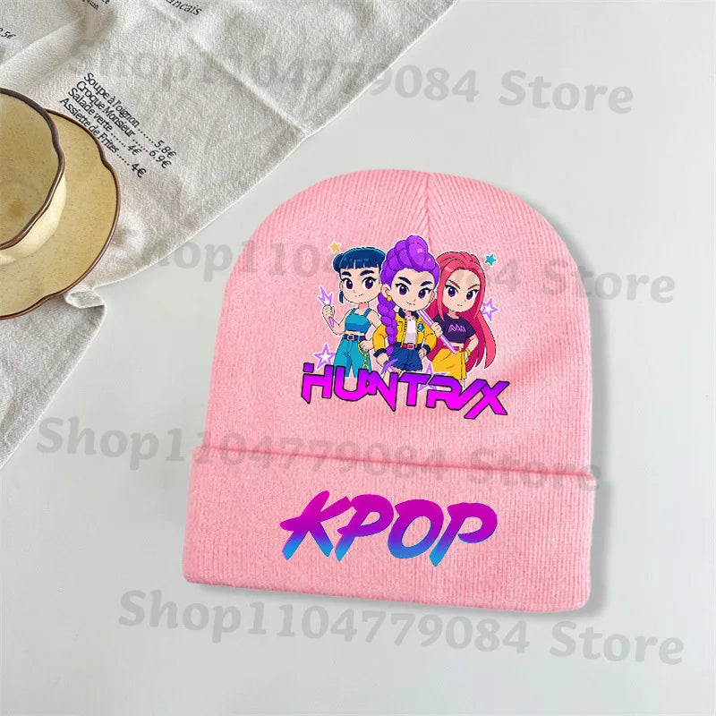 Kpop Demon Hunters Kawaii Knitted Hat for Girls Anime Cute Knit Hats Children Autumn Winter Windproof Warm Hats Gifts