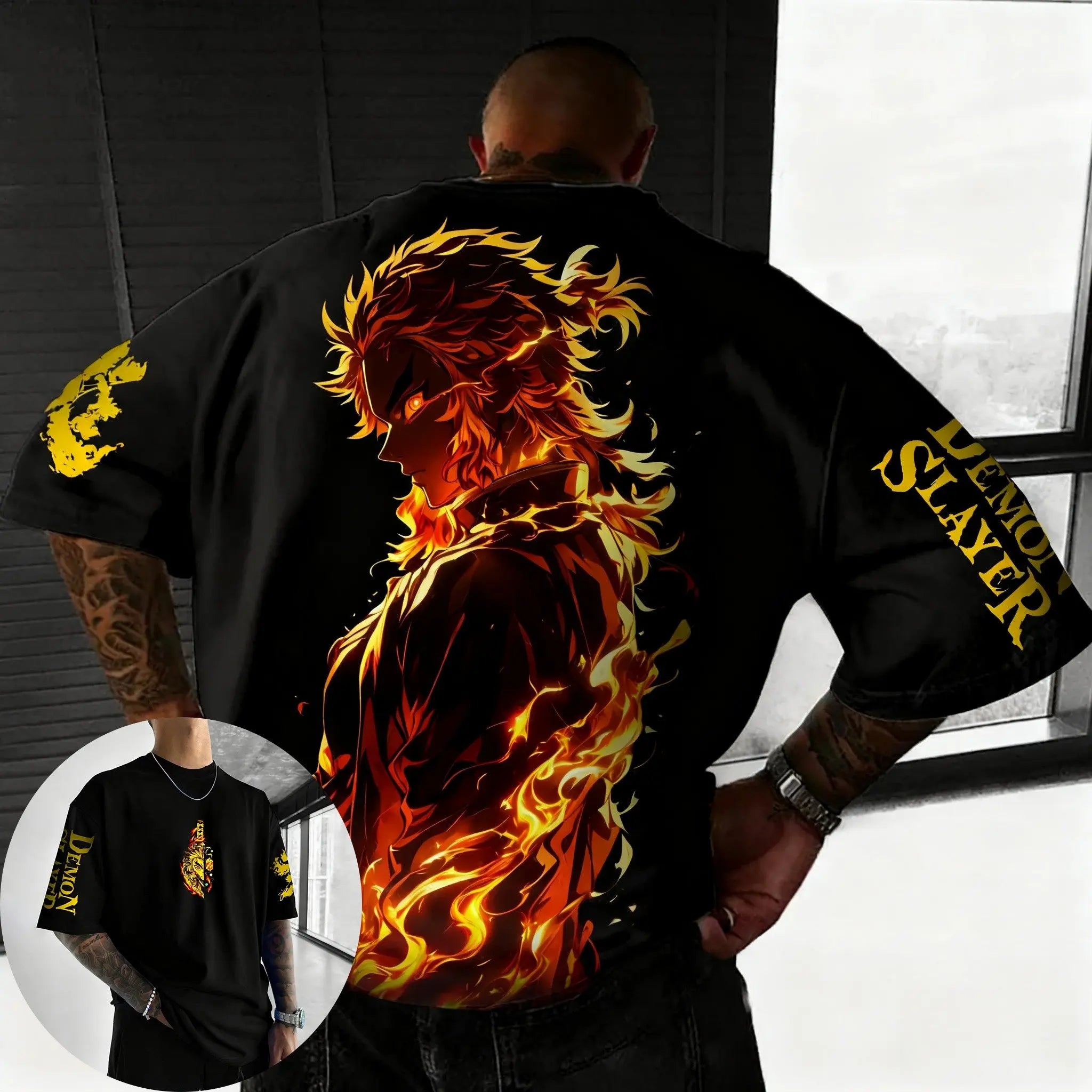Demon Slayer Men's T-shirt Summer New Rengoku Kyoujurou Anime Print Harajuku Oversized Casual Short Sleeved Tee Top Y2k Clothes