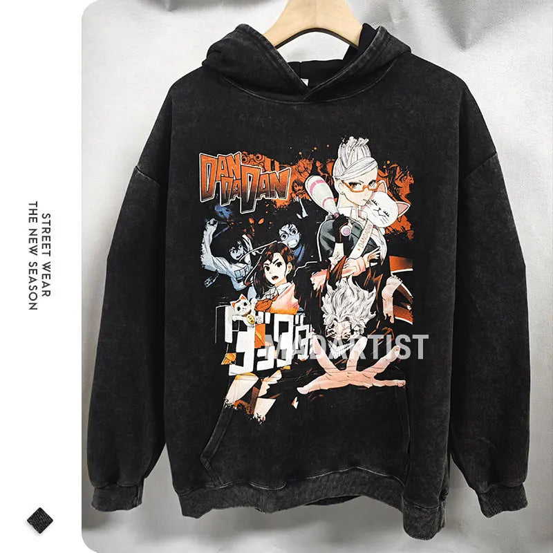 Anime dandadan Hoodies Vintage Washed Dan Da Dan Hooded Sweatshirts Oversize Streetwear Manga Ayase Momo Okarun Hoodie Men Women